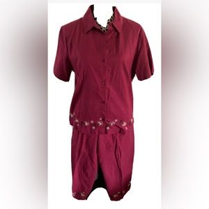 Jennifer Moore 2 piece set Blouse L collared button Maroon drawstring capri 46w